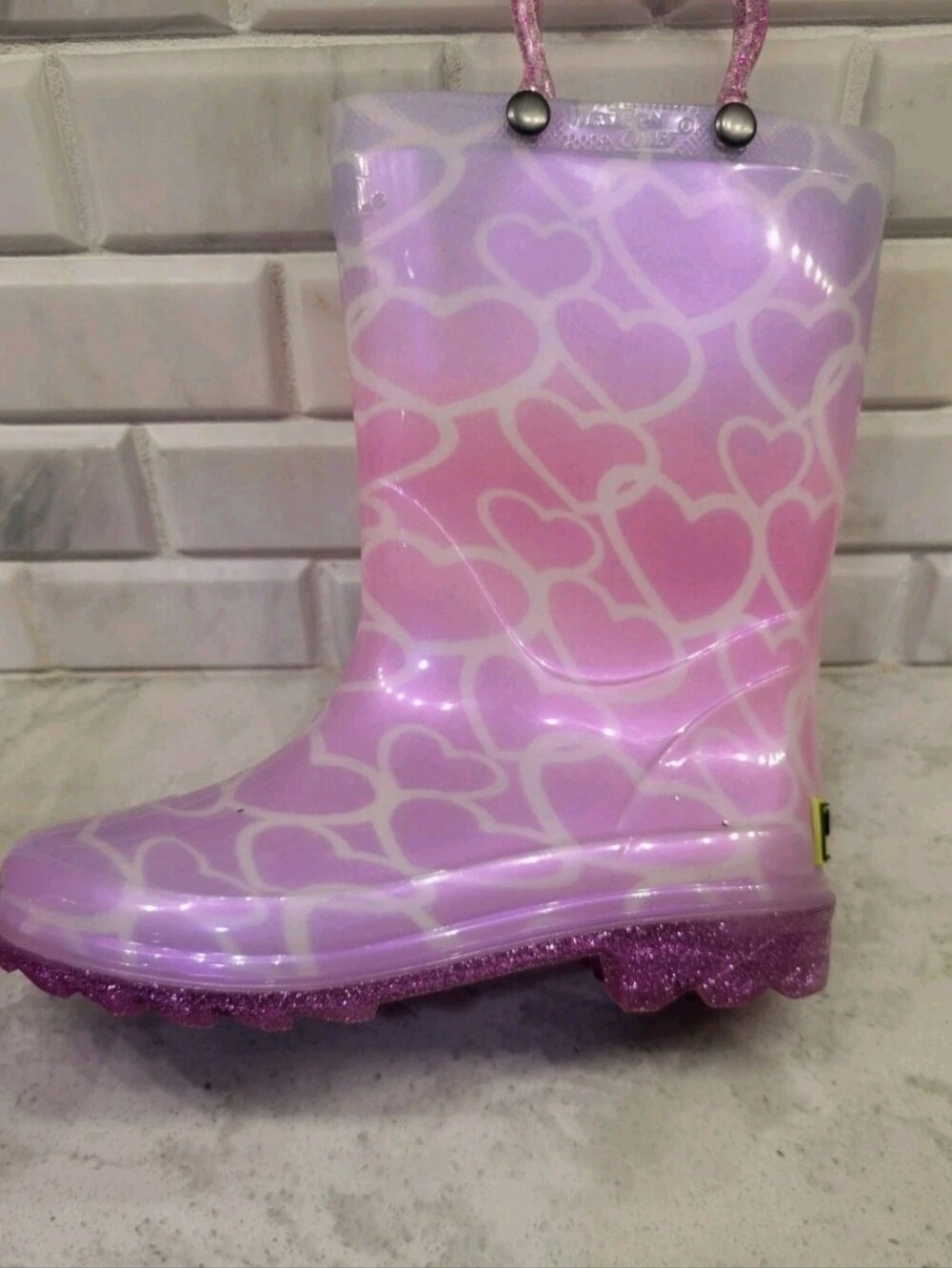 Western Chief Girls Rainboots Pearlized Glitter Hearts Rain Boots Sz 12 Light up